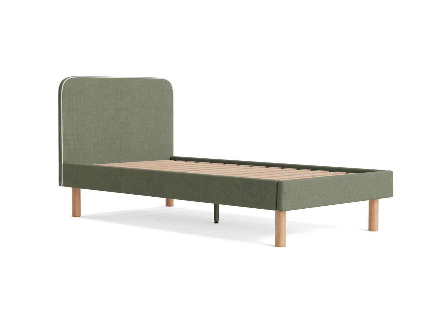 Green single bed frame with upholstered headboard, wooden legs, and slatted base. Simple modern design.