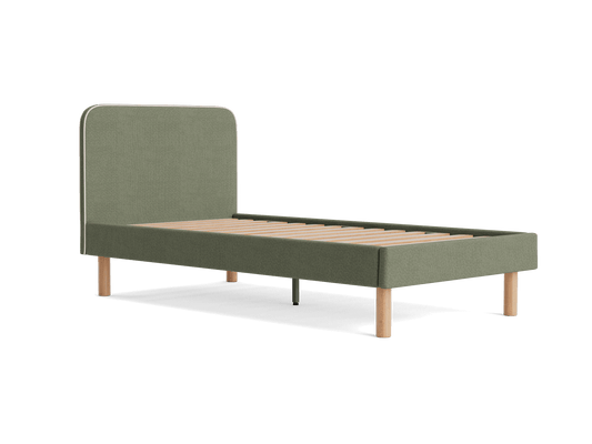 Green single bed frame with upholstered headboard, wooden legs, and slatted base. Simple modern design.