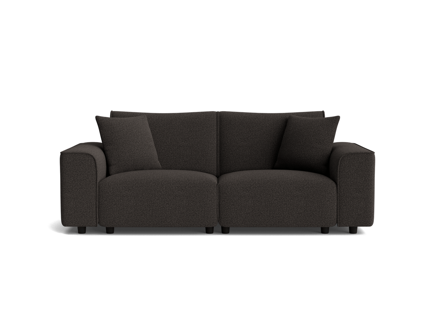 Dark grey 2-seater sofa with square cushions and wide armrests, perfect for living room elegance and comfort.