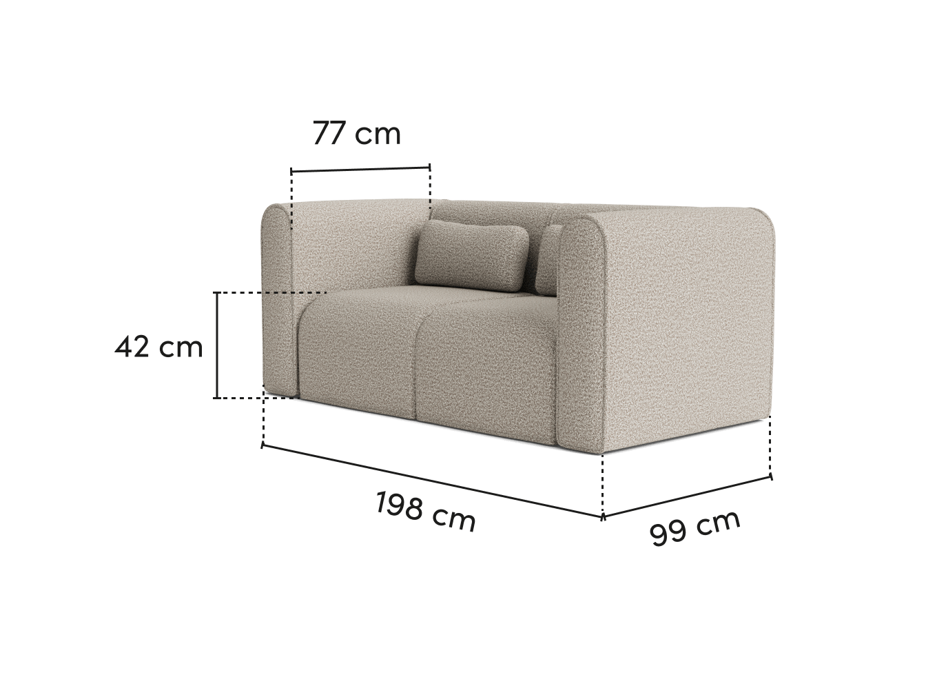 Light grey sofa with rounded arms and cushions, dimensions 198cm x 99cm x 77cm. Comfortable seating furniture.