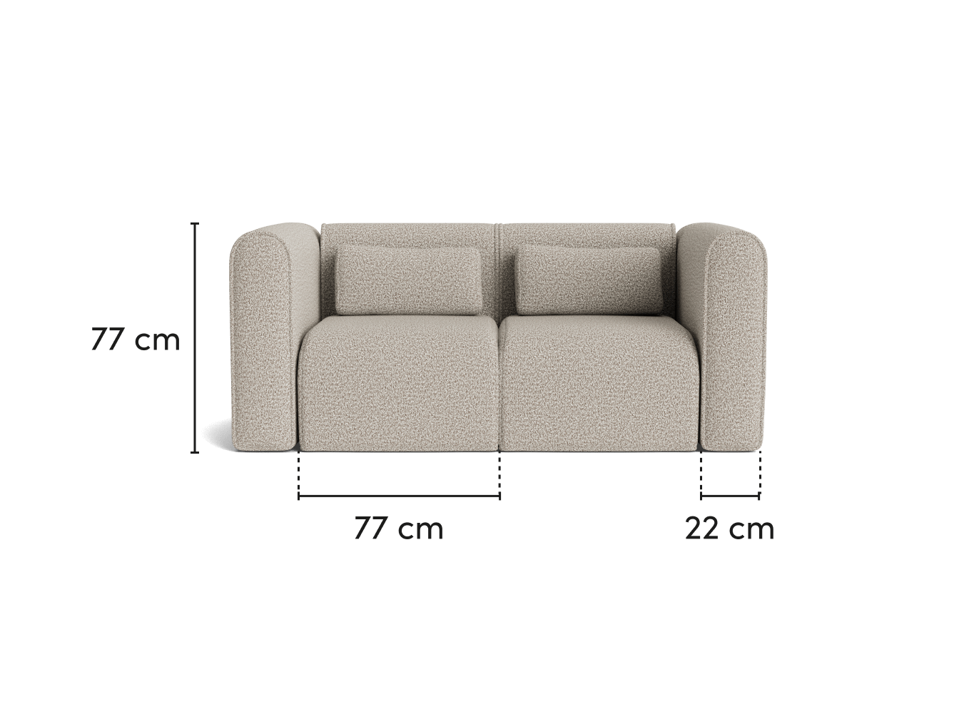 Beige sofa with rounded arms, two cushions, and dimensions: 77 cm height, 77 cm seat depth, 22 cm arm depth.