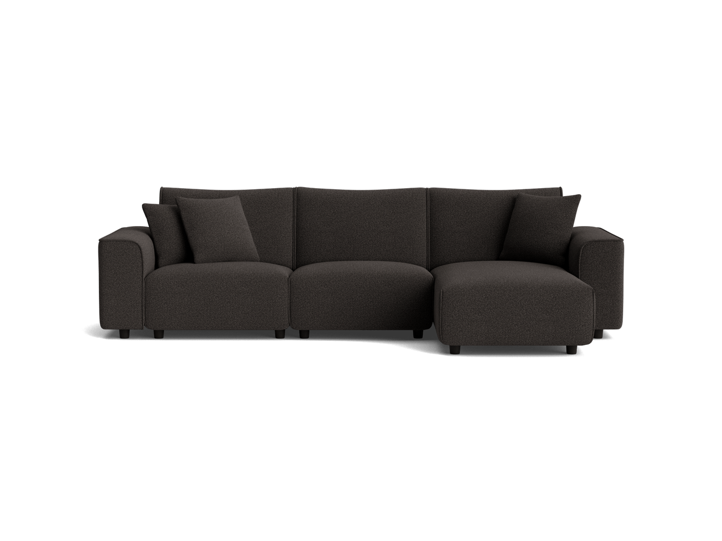 Dark grey sectional sofa with three cushions and a right-facing chaise. Elegant and modern design perfect for a contemporary living room.