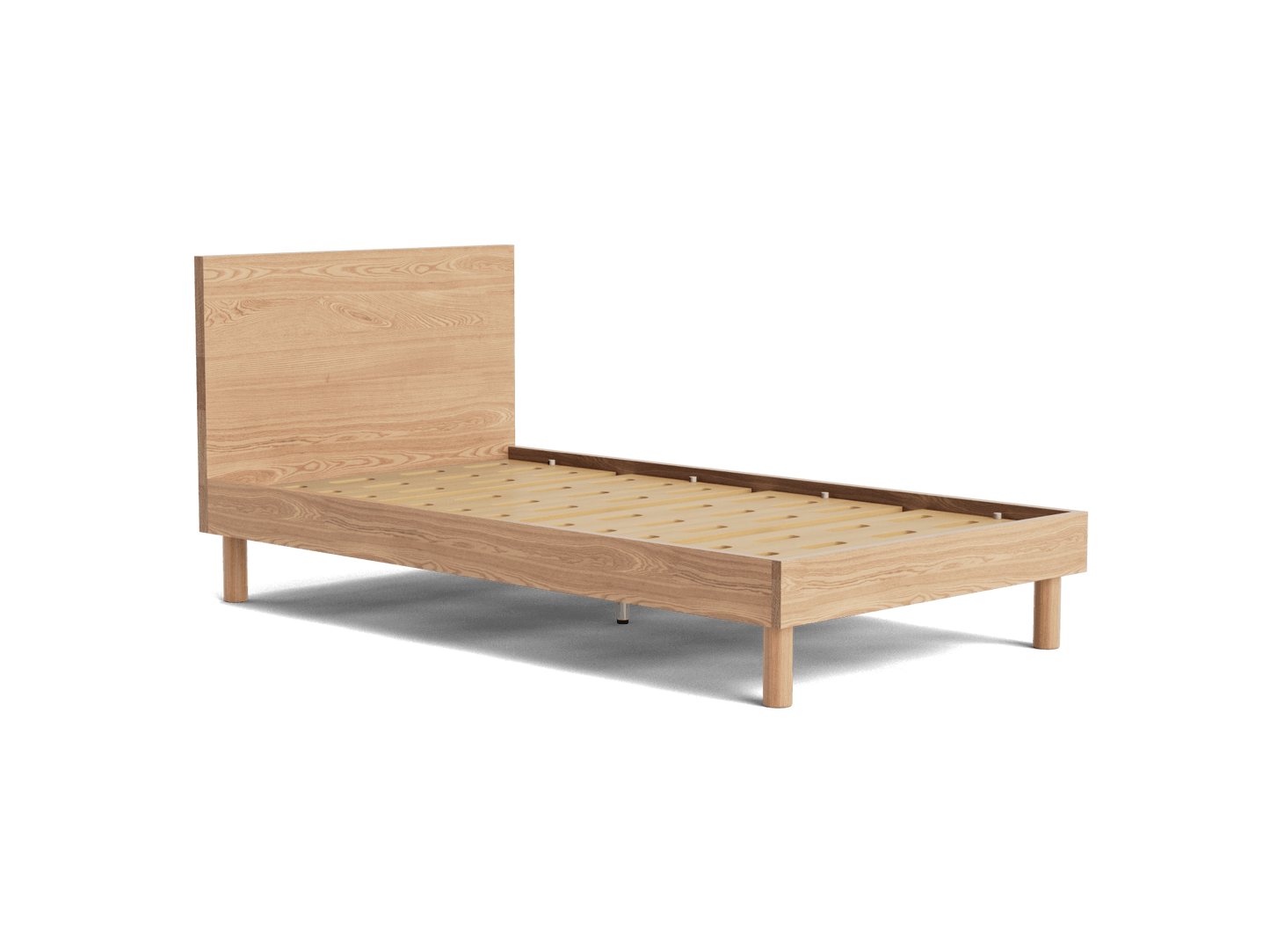 Natural wood single bed frame with a high headboard and simple, minimalist design.