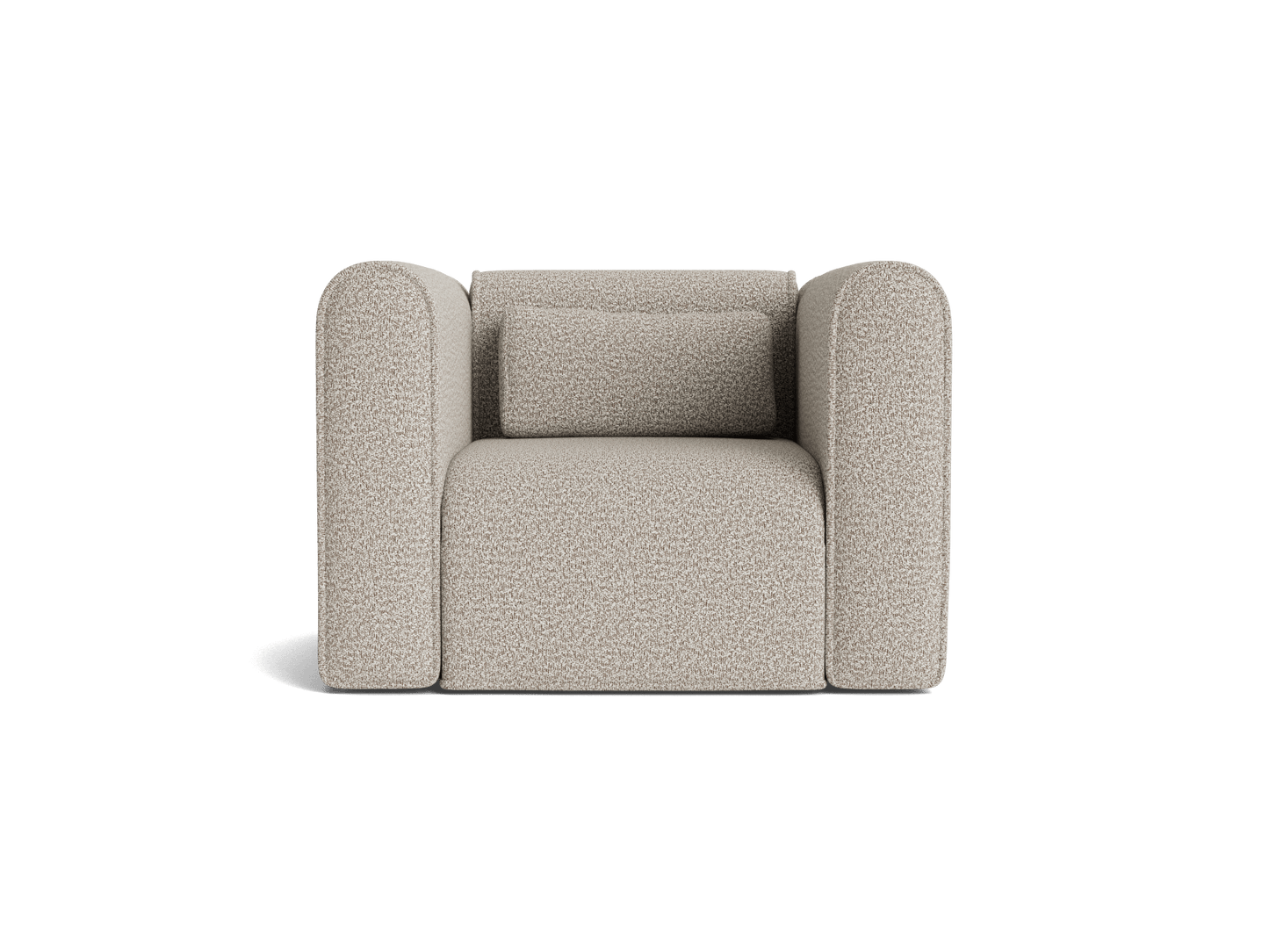 Modern light grey armchair with rounded arms and a matching cushion. Perfect for contemporary living room decor.