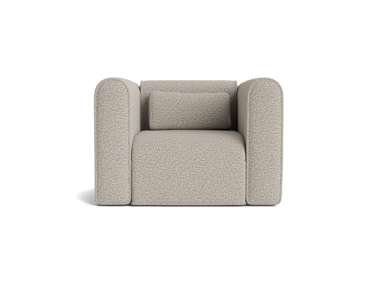 Modern light grey armchair with rounded arms and a matching cushion. Perfect for contemporary living room decor.