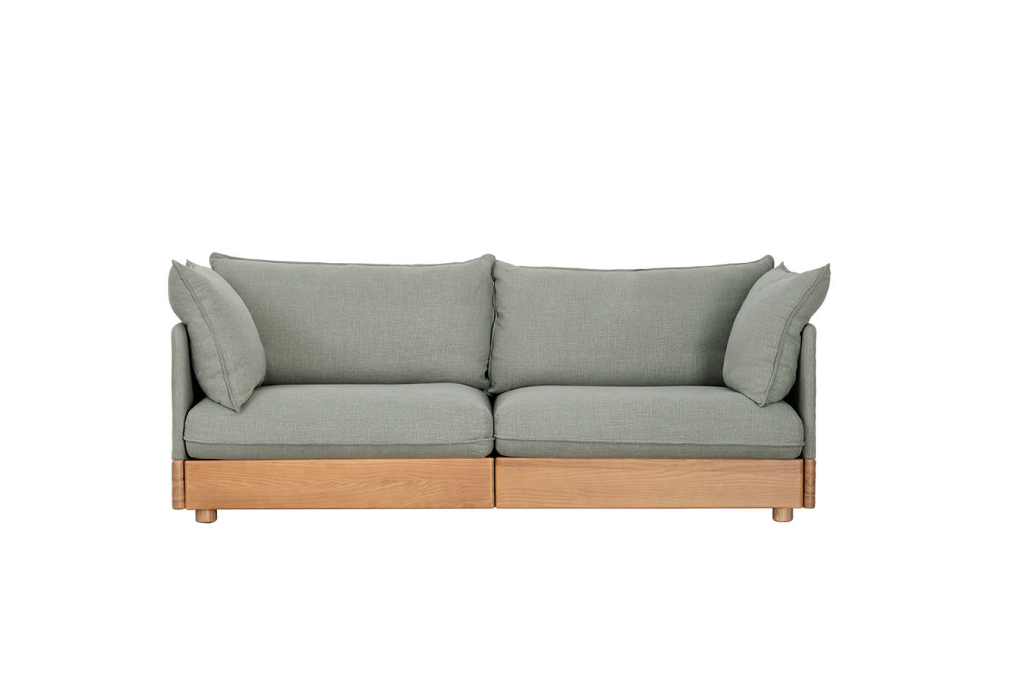 Light grey sofa with wooden base and plush cushions, offering modern and comfortable seating. Perfect for stylish Australian living rooms.