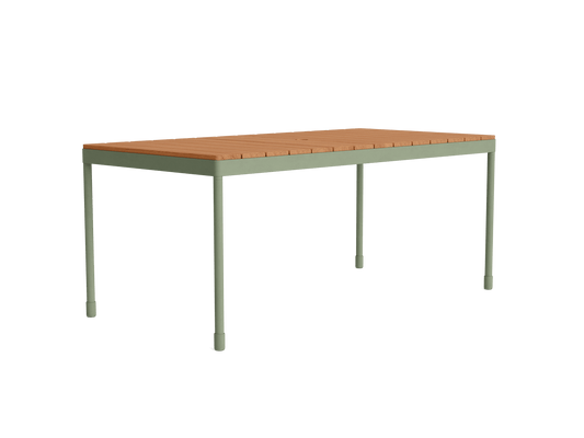 Rectangular dining table with a light brown wooden top and green metal legs. Ideal for modern outdoor settings.