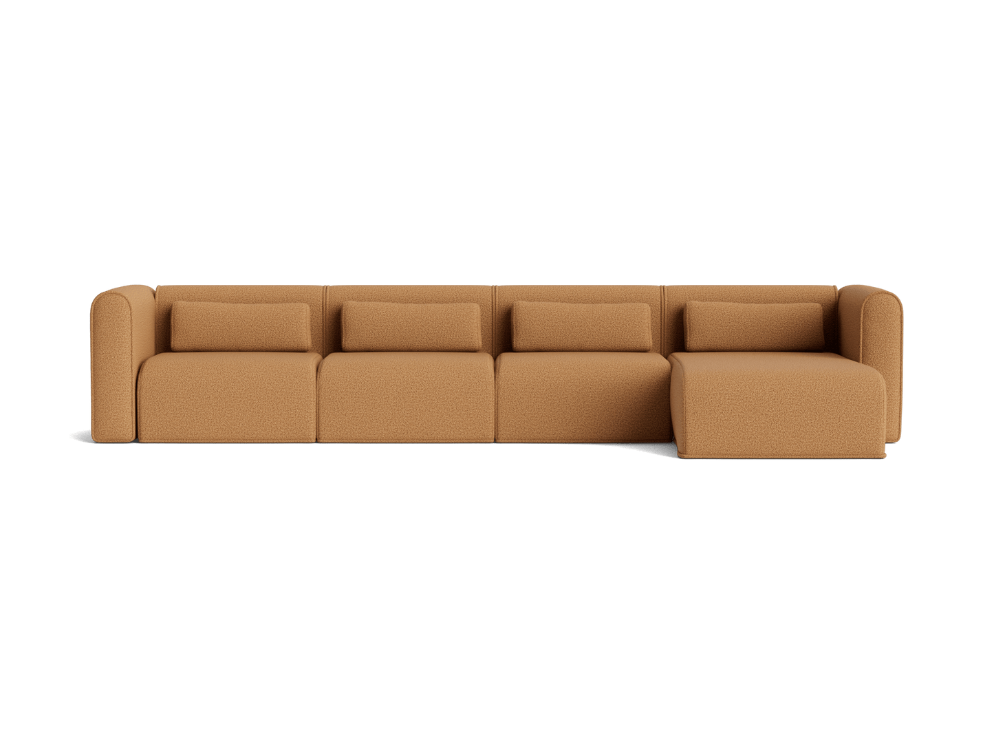 Tan sectional sofa with four cushioned seats and a chaise lounge on the right side. Modern design with clean lines.