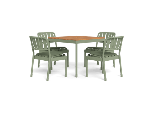 Square wooden table with four olive green metal chairs. Ideal for outdoor dining. Simple, modern design.