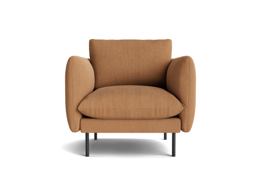 Modern armchair with a brown fabric upholstery, featuring rounded armrests and black metal legs, viewed from the front.