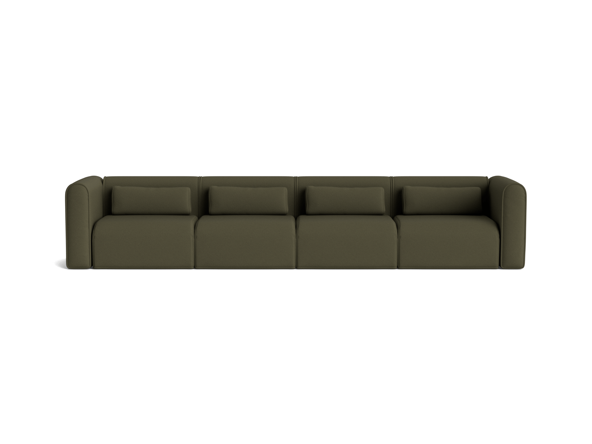 Four-seater olive green sofa with curved armrests and cushions. Modern design, clean lines.