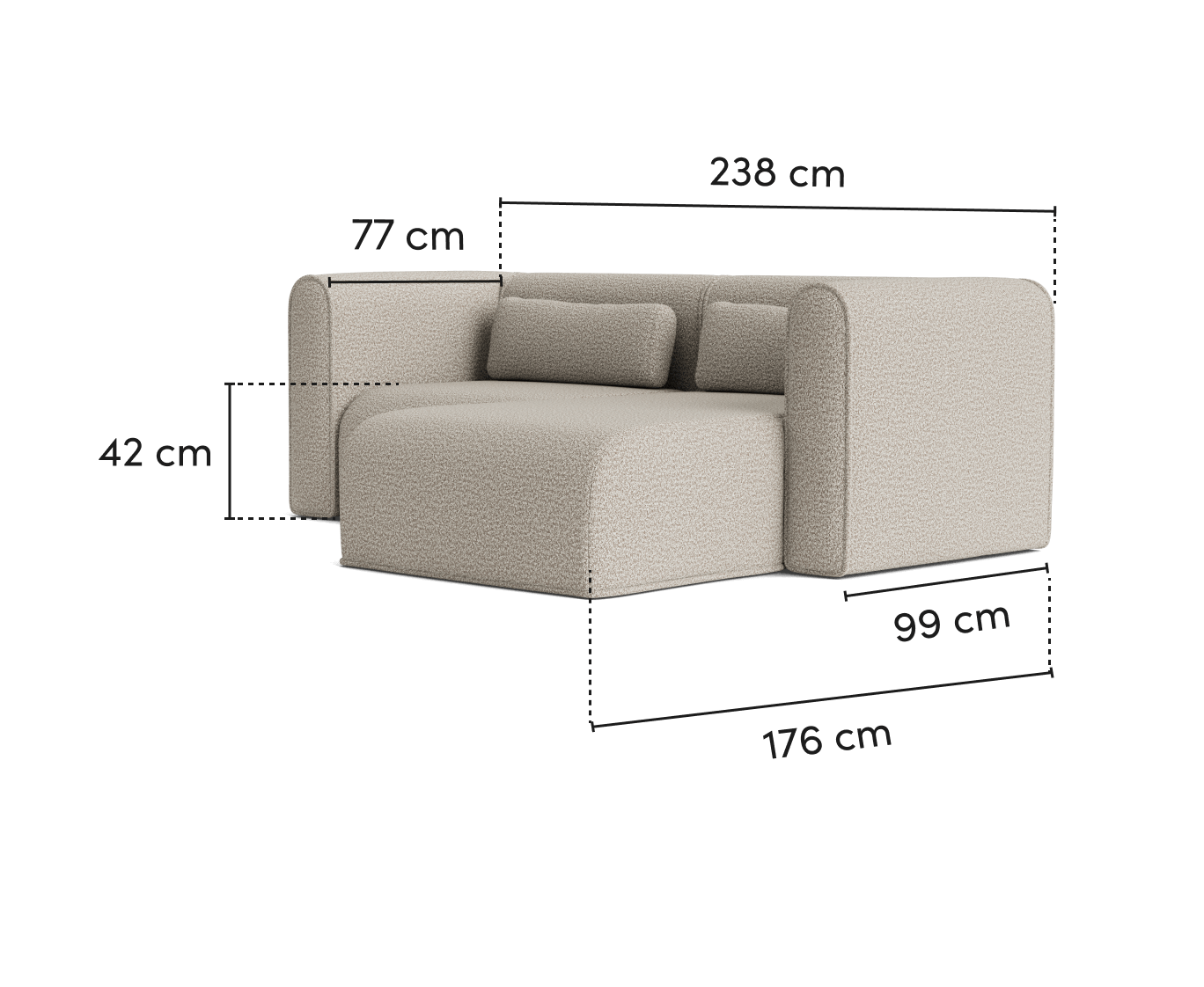 Modern beige couch with chaise, three cushions, and dimensions: 238 cm width, 77 cm height, 42 cm seat height, chaise 176 cm length.
