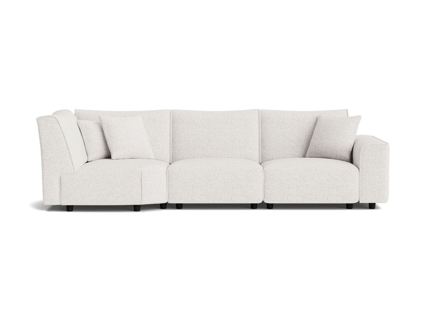 Light grey sectional sofa with chaise, three seat cushions, and two matching pillows. Upholstered in soft fabric. Modern living room furniture.