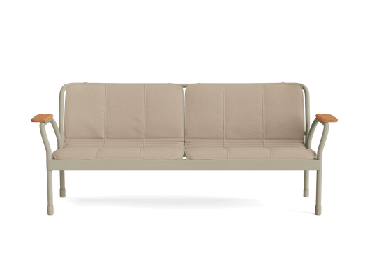 Beige two-seater sofa with metal frame and light brown wooden armrests, ideal for modern interiors.