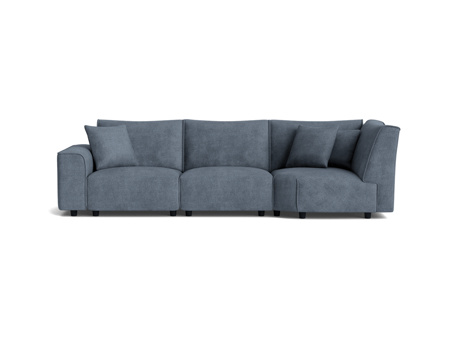 Dark grey, three-seater sectional sofa with plush cushions and a modern design, featuring wide armrests for comfort and style.