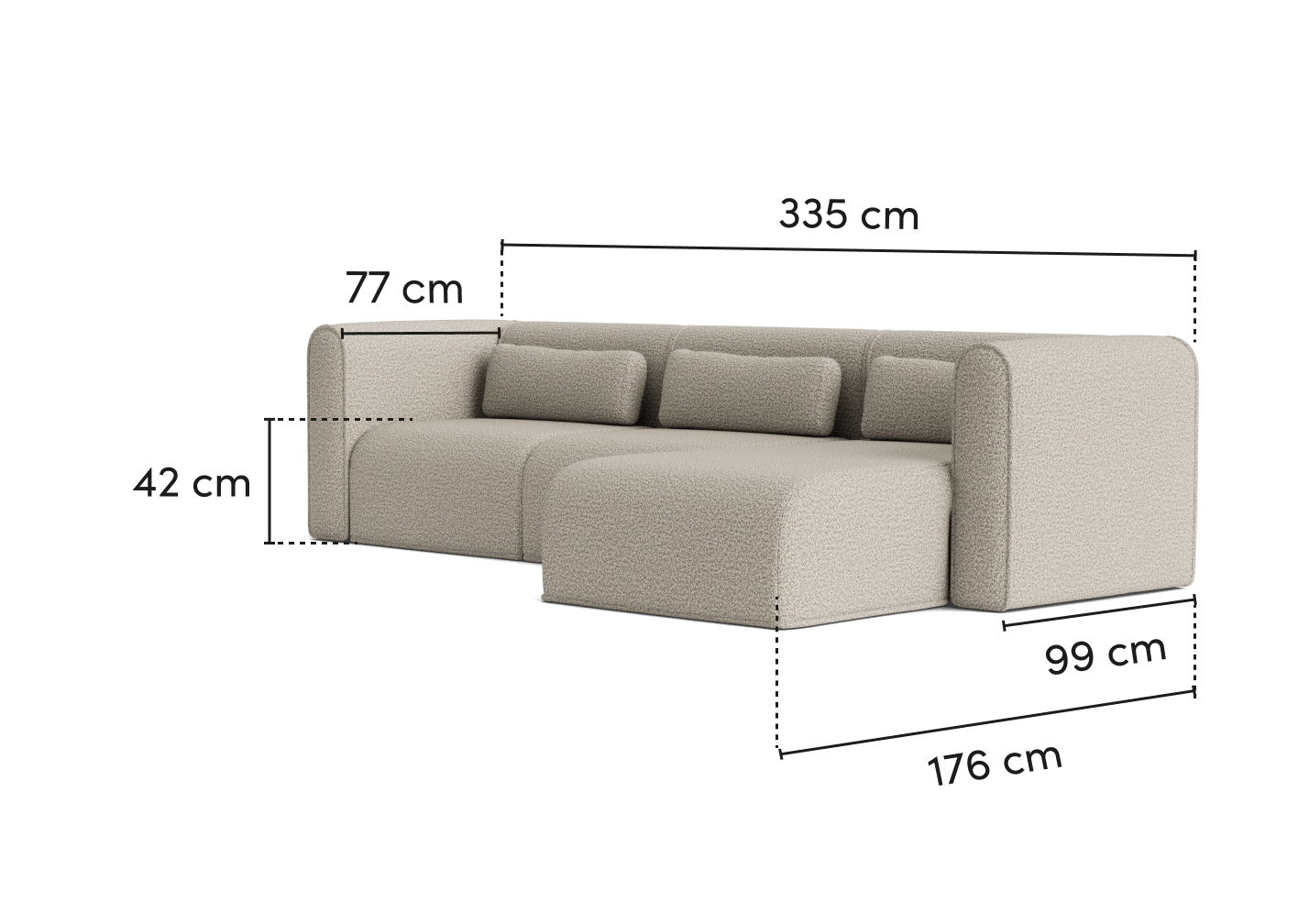 Light beige sectional sofa with chaise, displaying dimensions: 335 cm length, 176 cm depth, 77 cm height. Includes three cushions.