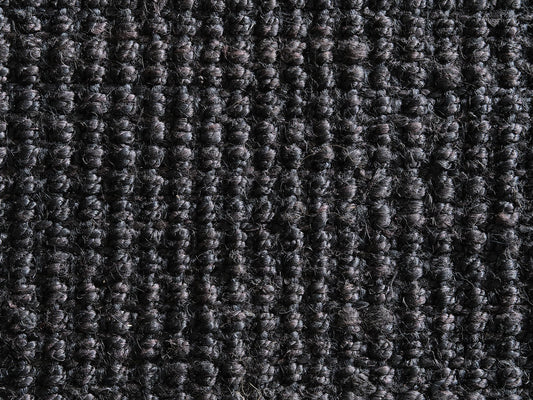 Dark grey, tightly woven textured fabric with a distinct grid pattern. Ideal for furniture upholstery or carpeting.