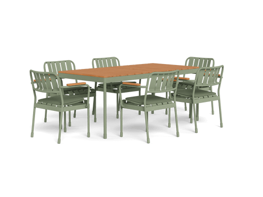 Outdoor dining set with six light green metal chairs and a rectangular wooden table. Ideal for garden or patio use.