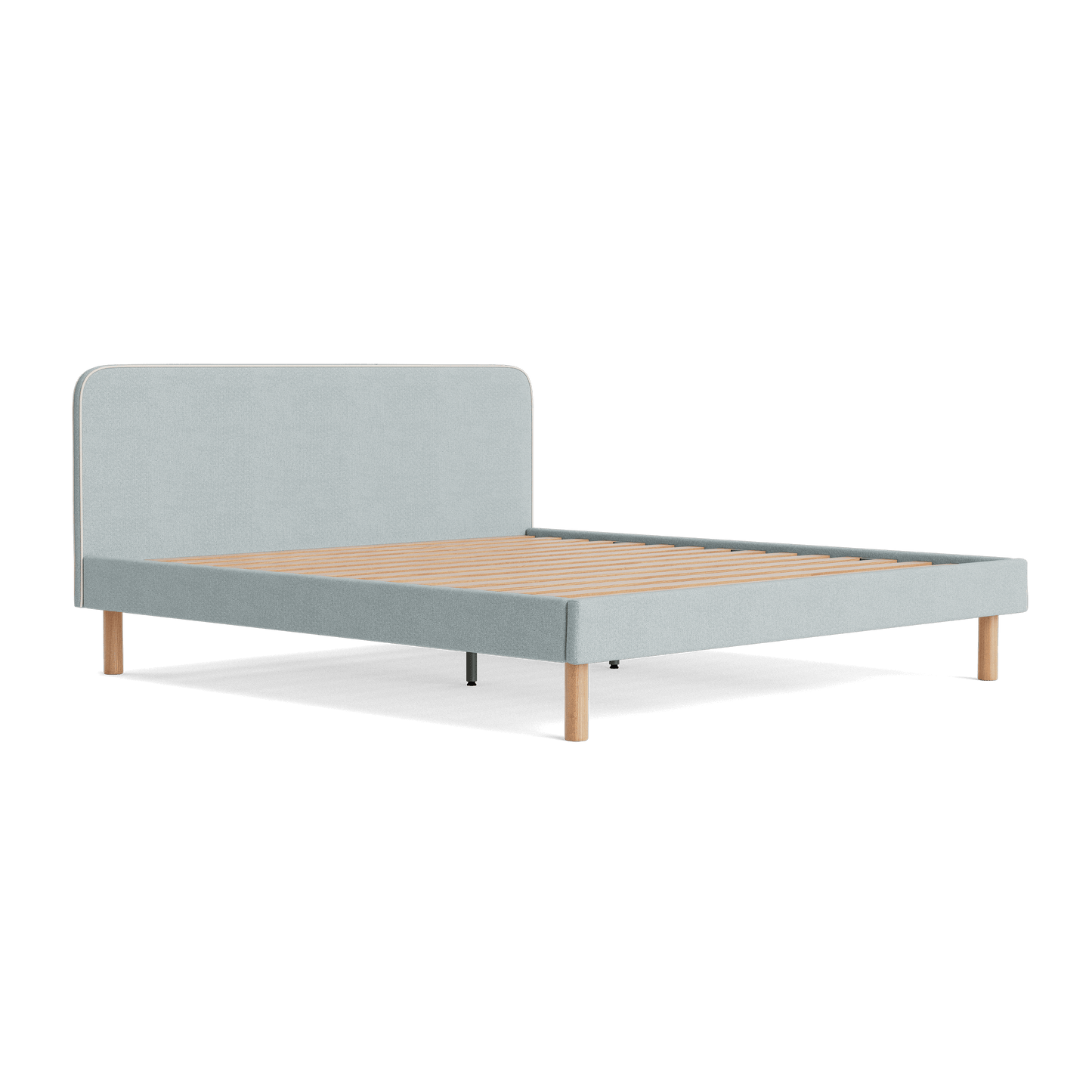 Light grey upholstered bed frame with a simple design and wooden legs. The slatted base is visible.