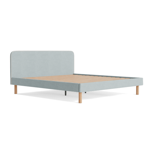 Light grey upholstered bed frame with a simple design and wooden legs. The slatted base is visible.