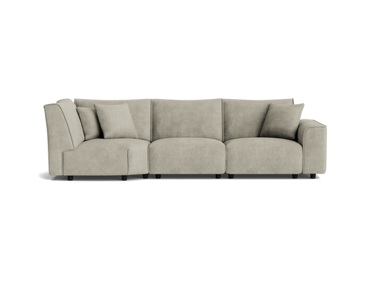 Light grey L-shaped modular sofa with plush cushions on a white background. Modern design, perfect for living room comfort and style.