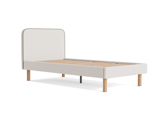 White single bed frame with a minimalist design, rounded headboard, light wood legs, and a slatted base.