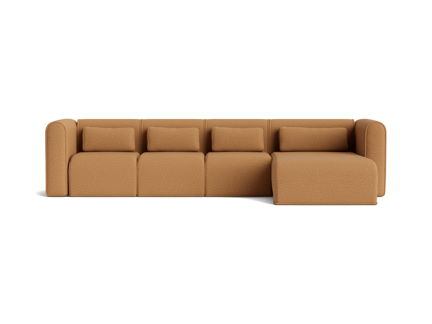 Large light brown sectional sofa with rounded armrests and backrests, featuring five seat cushions and matching back cushions.