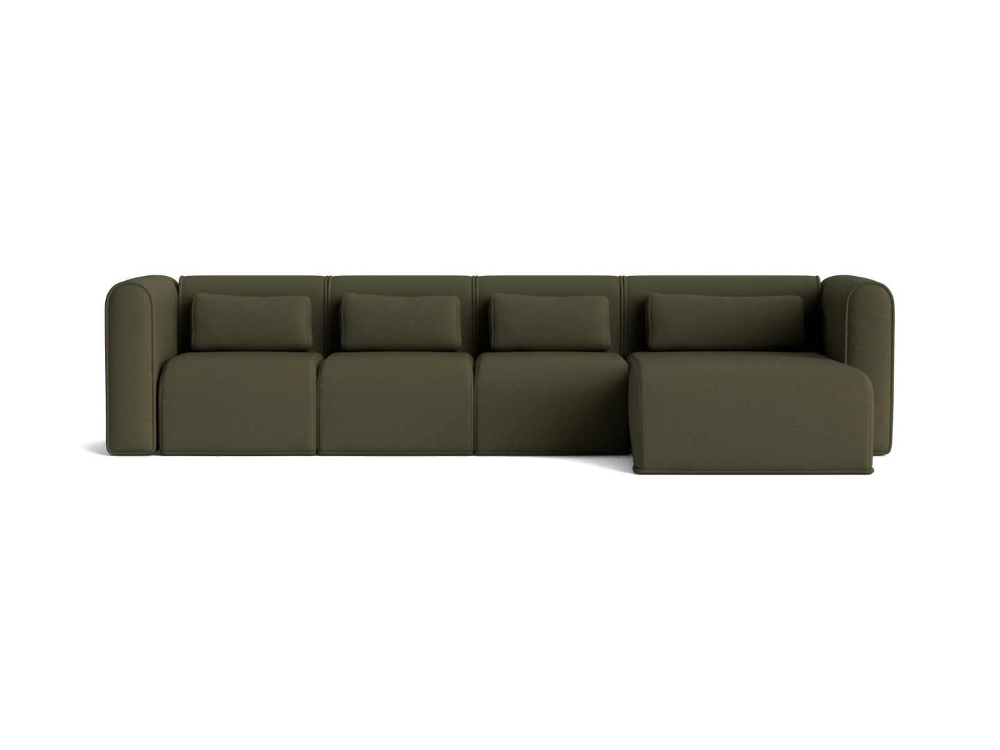 Dark green modular L-shaped sofa with five cushioned seats and a chaise on the right. Modern design and simple silhouette.