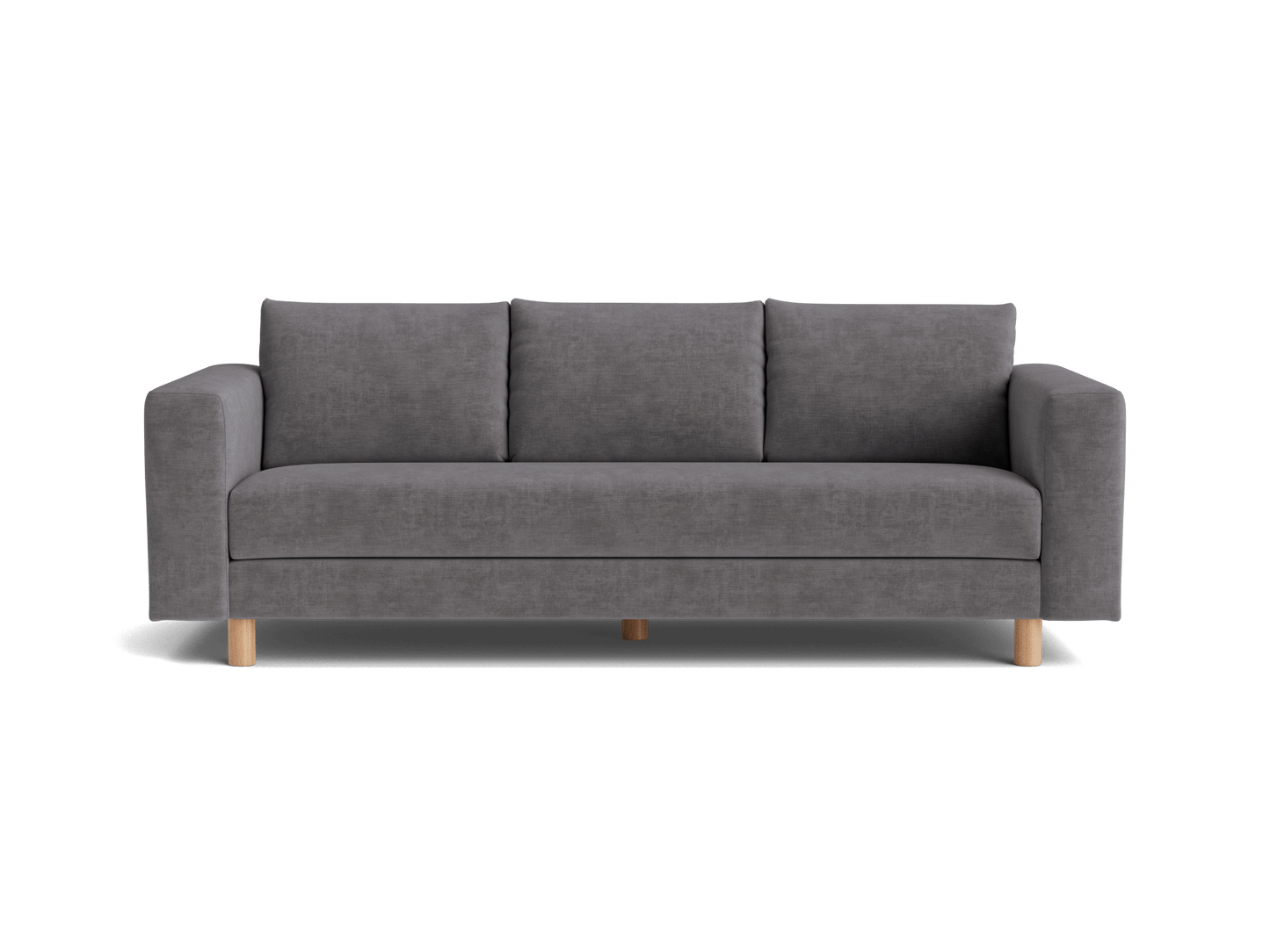 Grey fabric three-seater sofa with wooden legs, straight backrest, and armrests. Modern design, ideal for living rooms.