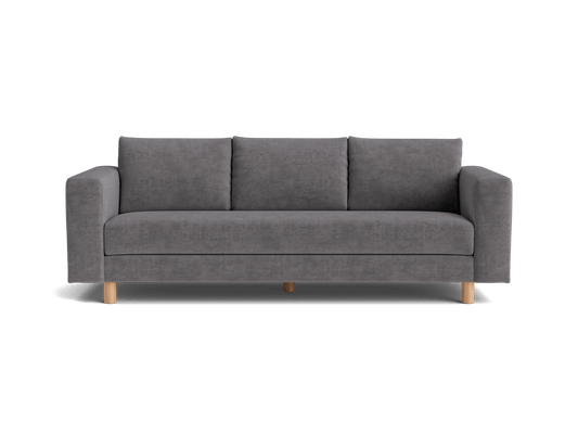 Grey fabric three-seater sofa with wooden legs, straight backrest, and armrests. Modern design, ideal for living rooms.