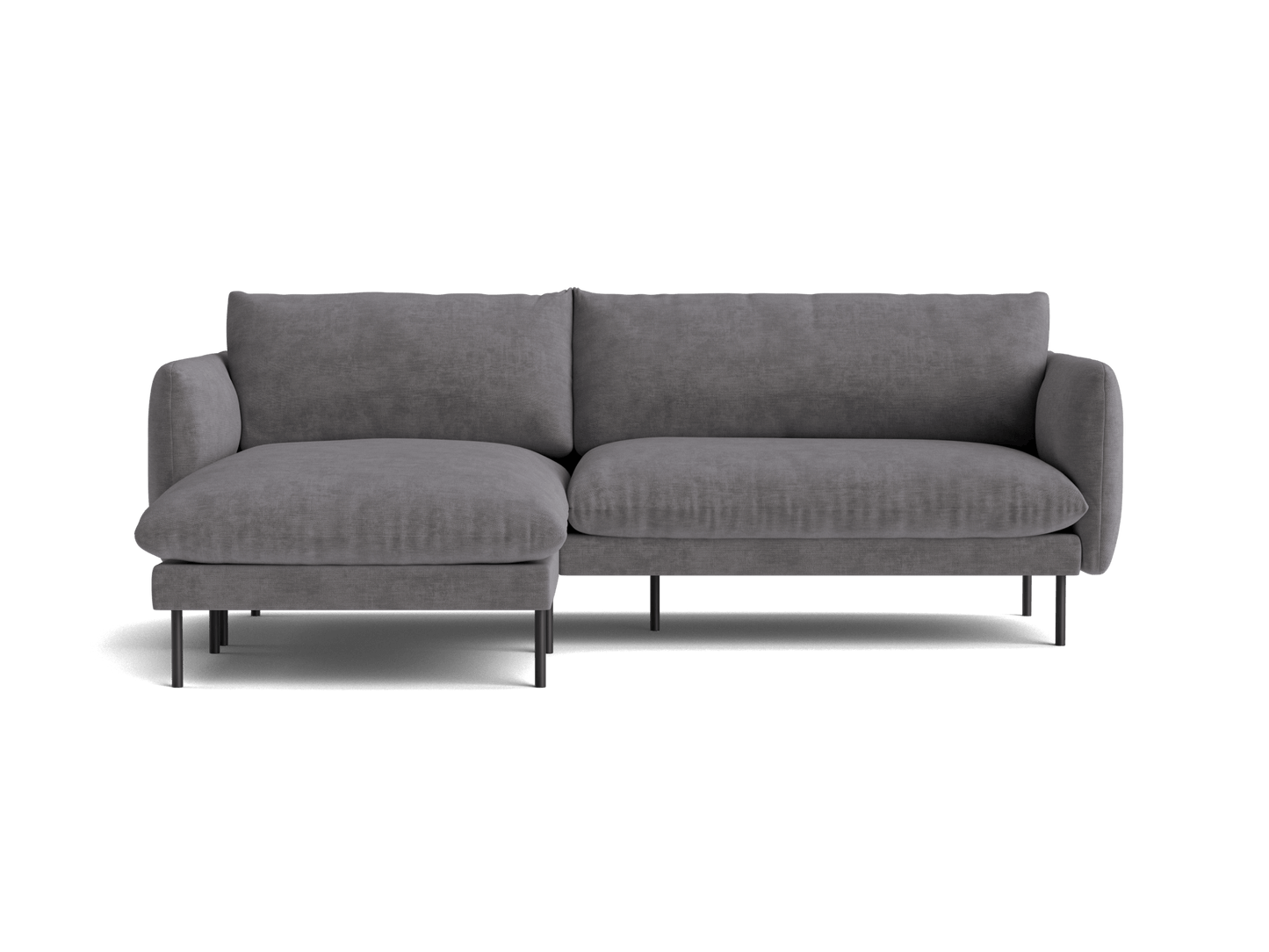 Grey upholstered sectional sofa with chaise, featuring sleek black metal legs. Modern and minimalistic design.