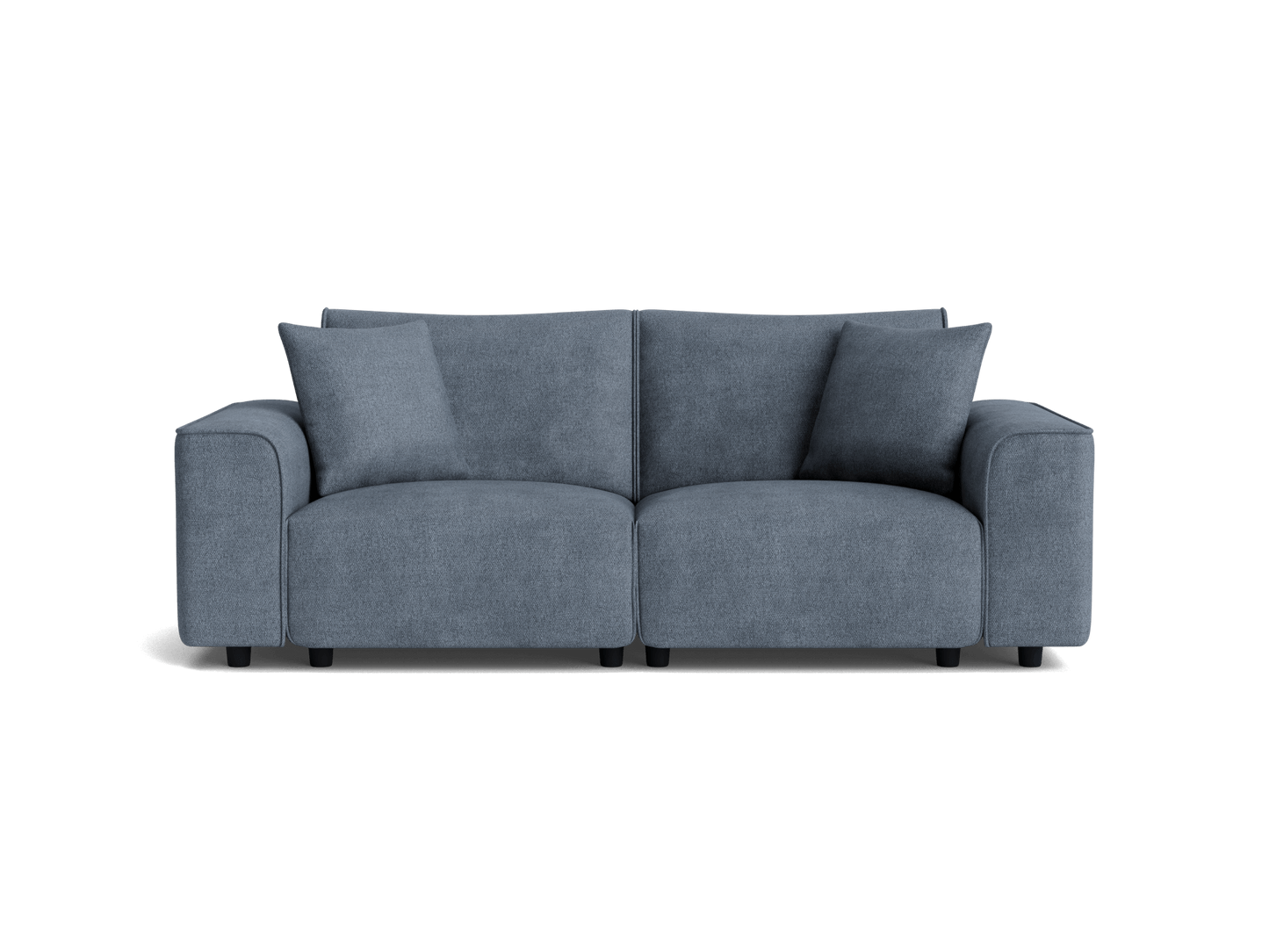 Dark grey, plush two-seater sofa with two large back cushions and wide armrests, ideal for modern living room decor.