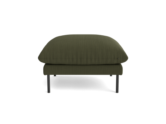 Olive-green ottoman with ribbed fabric, featuring a cushioned top and slim silver legs. Ideal for modern living spaces or lounge rooms.