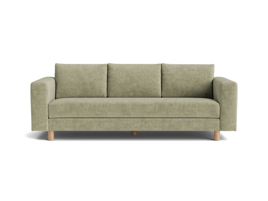 Olive green three-seater sofa with straight arms and wooden legs, upholstered in a soft fabric. Perfect for modern living areas.