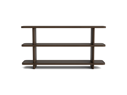 Dark brown three-tier wooden bookshelf with open design and sturdy legs.