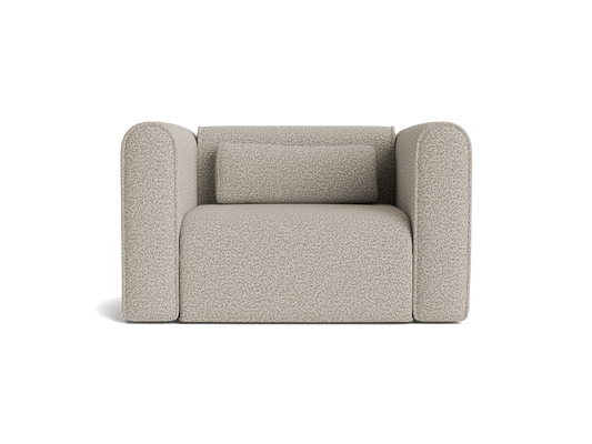 Modern beige armchair with plush cushions and rounded arms, upholstered in textured fabric. Perfect for living room or office seating.