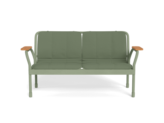 Green two-seater sofa with metal frame, wooden armrests, and cushioned seats. Simple and modern design.