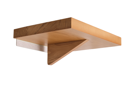 Wall-mounted wooden shelf with triangular support underneath; features a light brown finish.