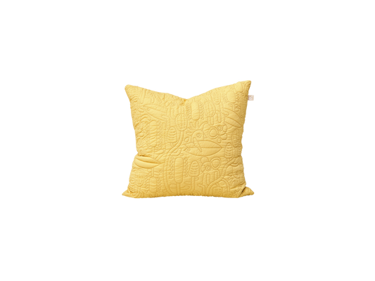 Yellow cushion with textured abstract pattern. Square shape, soft fabric. Ideal for living room or bedroom decor.