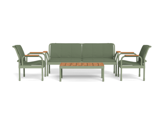 Sage green outdoor lounge set with a three-seater sofa, two armchairs, and a wooden coffee table. Upper armrests feature wooden tray-like surfaces.