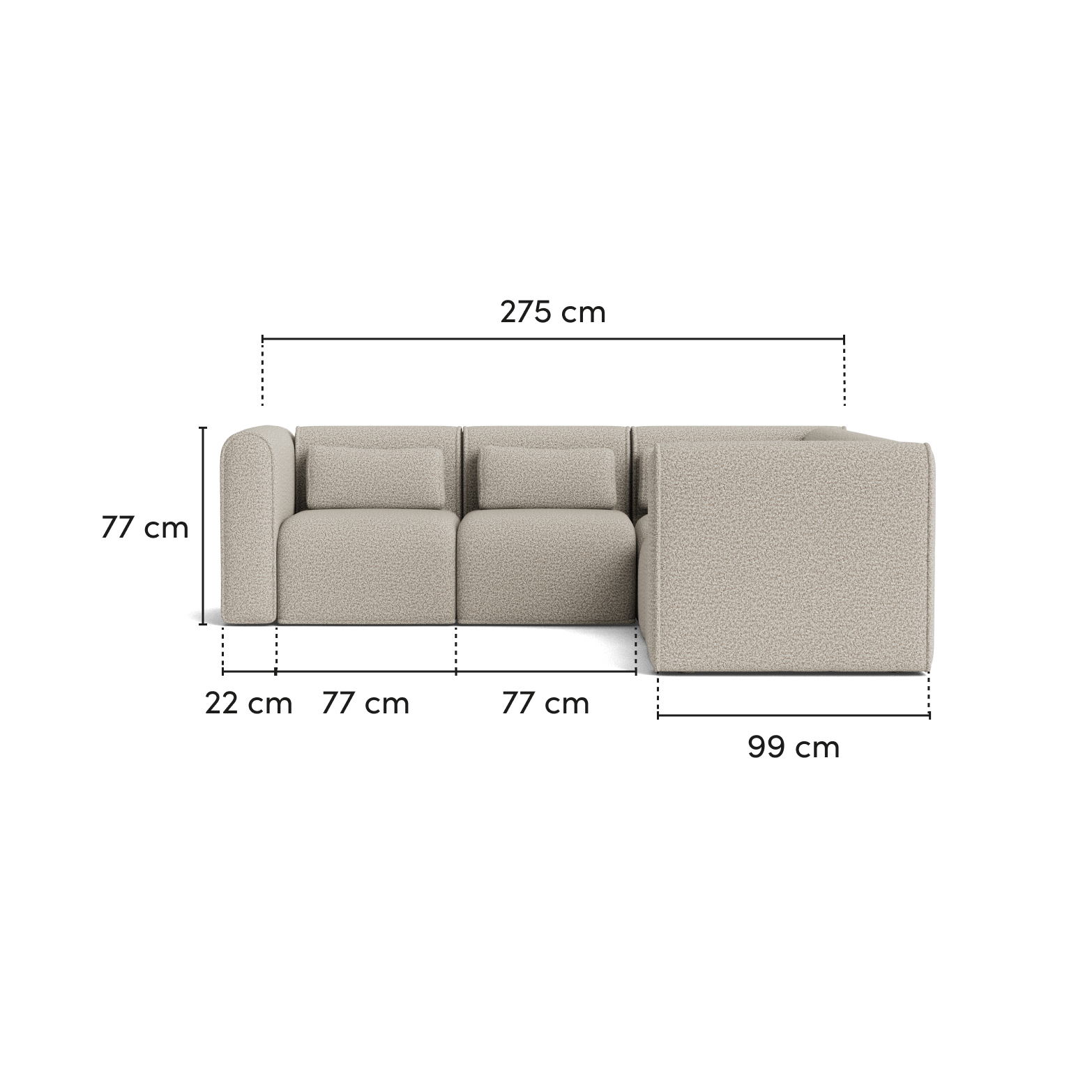 Light grey L-shaped sectional sofa with cushions, featuring precise measurements: length 275cm, depth 99cm, height 77cm.