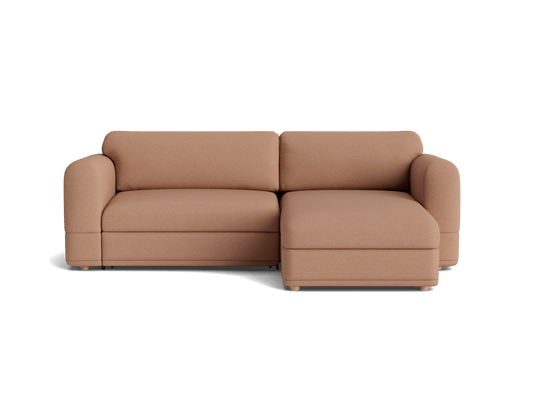 Tan fabric sectional sofa with rounded arms and a right-hand chaise. Simple, modern design on a white background.