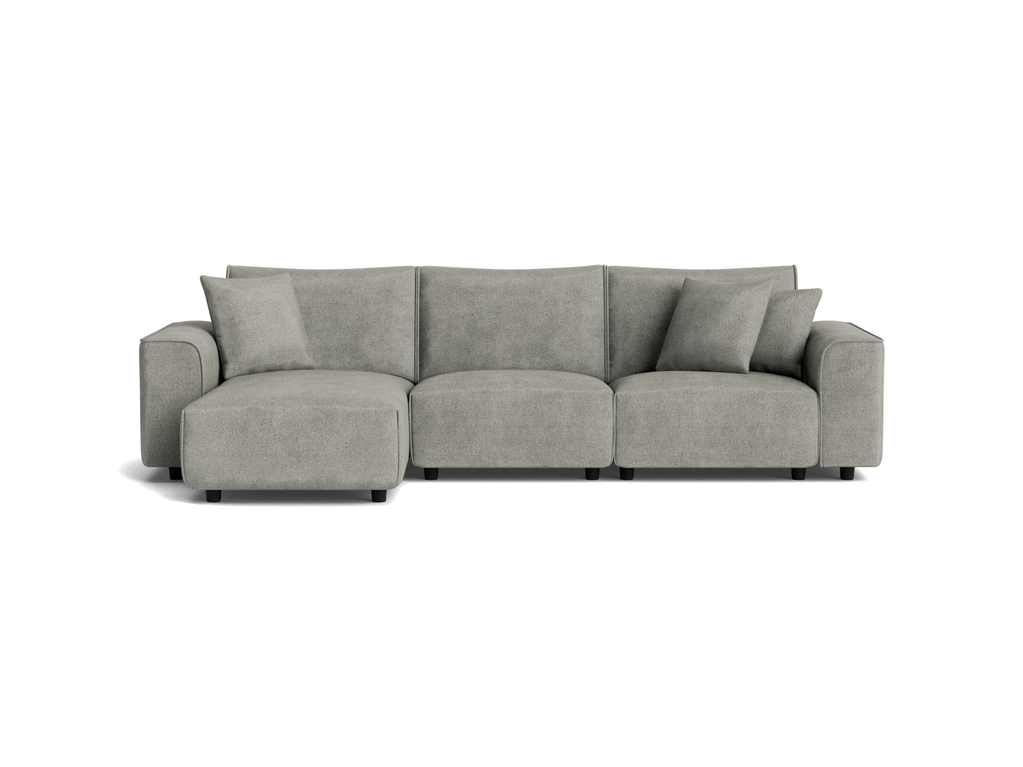 Grey modular sofa with chaise lounge on the left. Features low backrests, square arms, and includes three matching cushions.