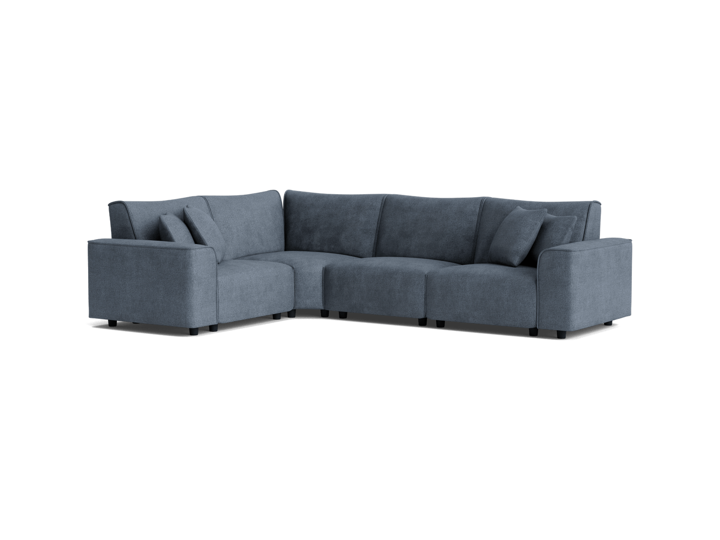 Dark grey L-shaped sectional sofa with plush cushions and armrests, suitable for a modern living room.