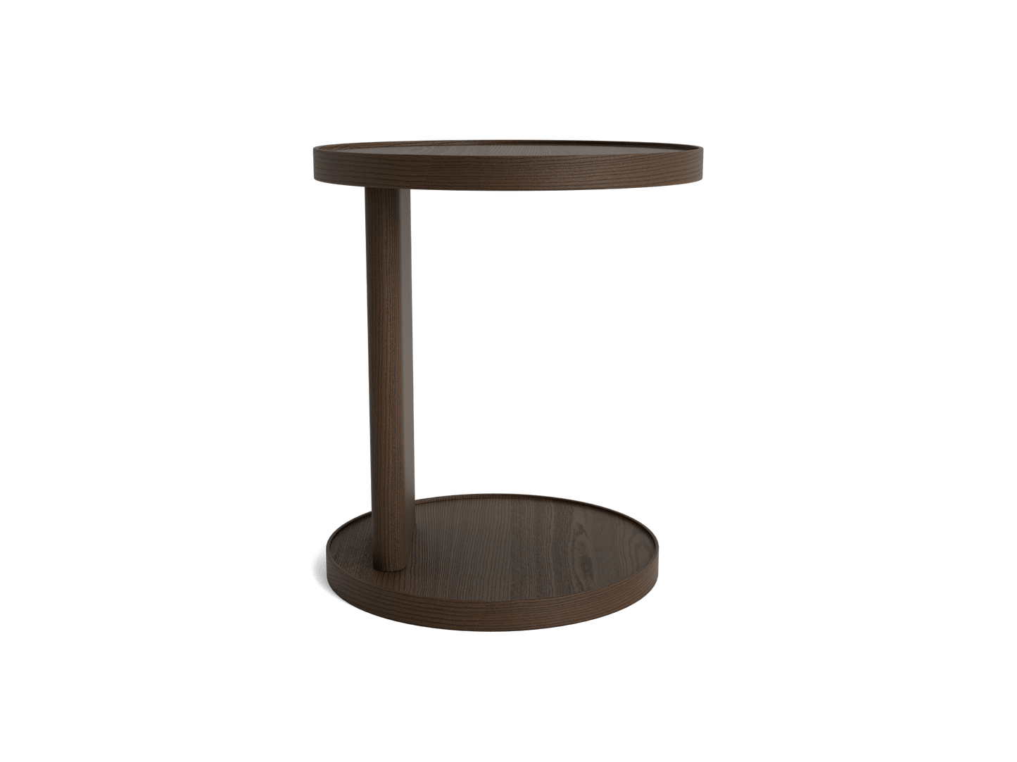 Round dark brown wooden side table with a single central support column and circular base.