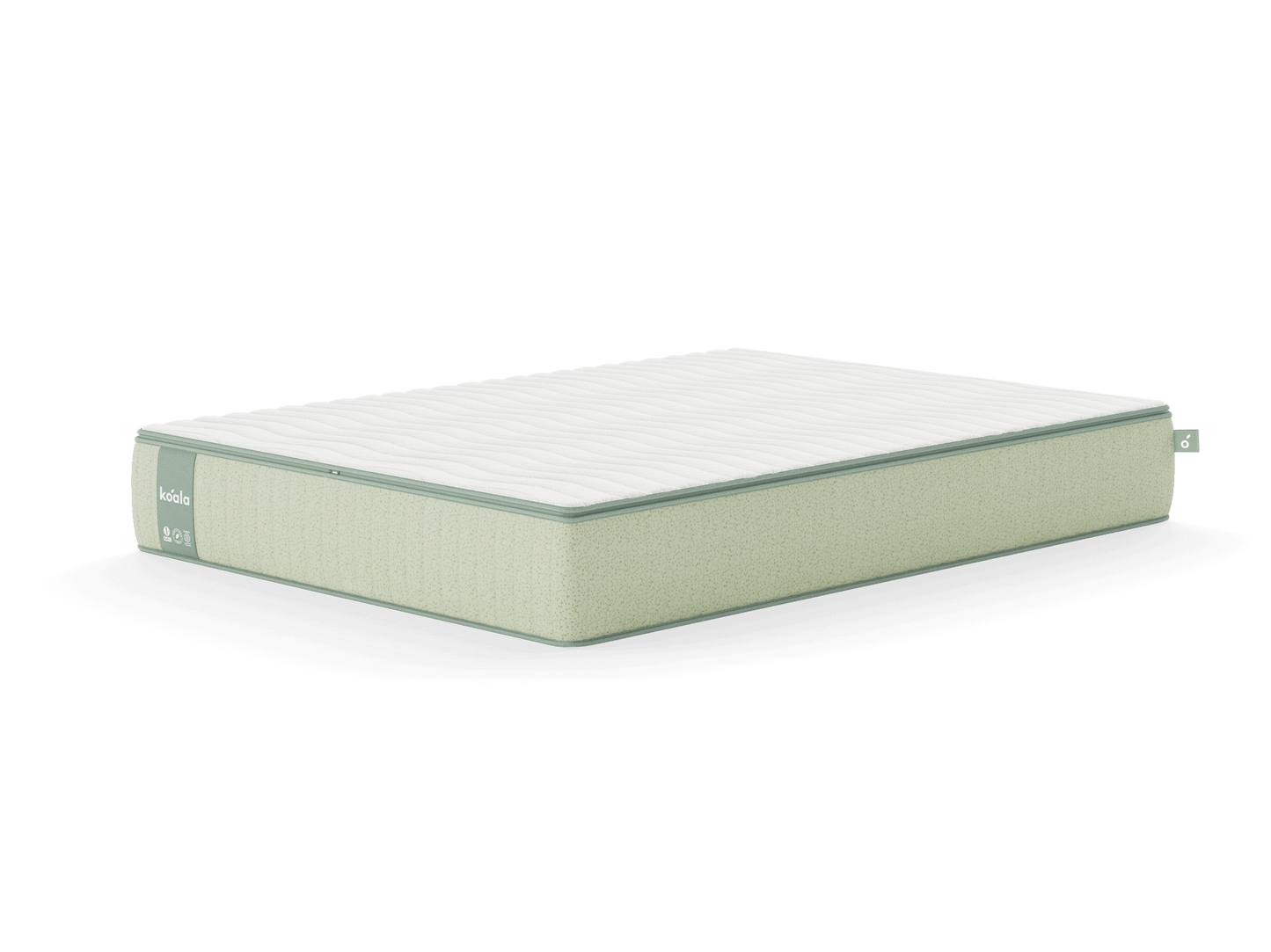 Light green mattress with a white, quilted top. Features a grey accent on the side and a small fabric handle.