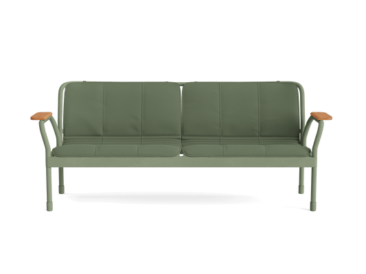 Green two-seater sofa with a metal frame and wooden armrests. Simple, modern design ideal for stylish living rooms or offices.