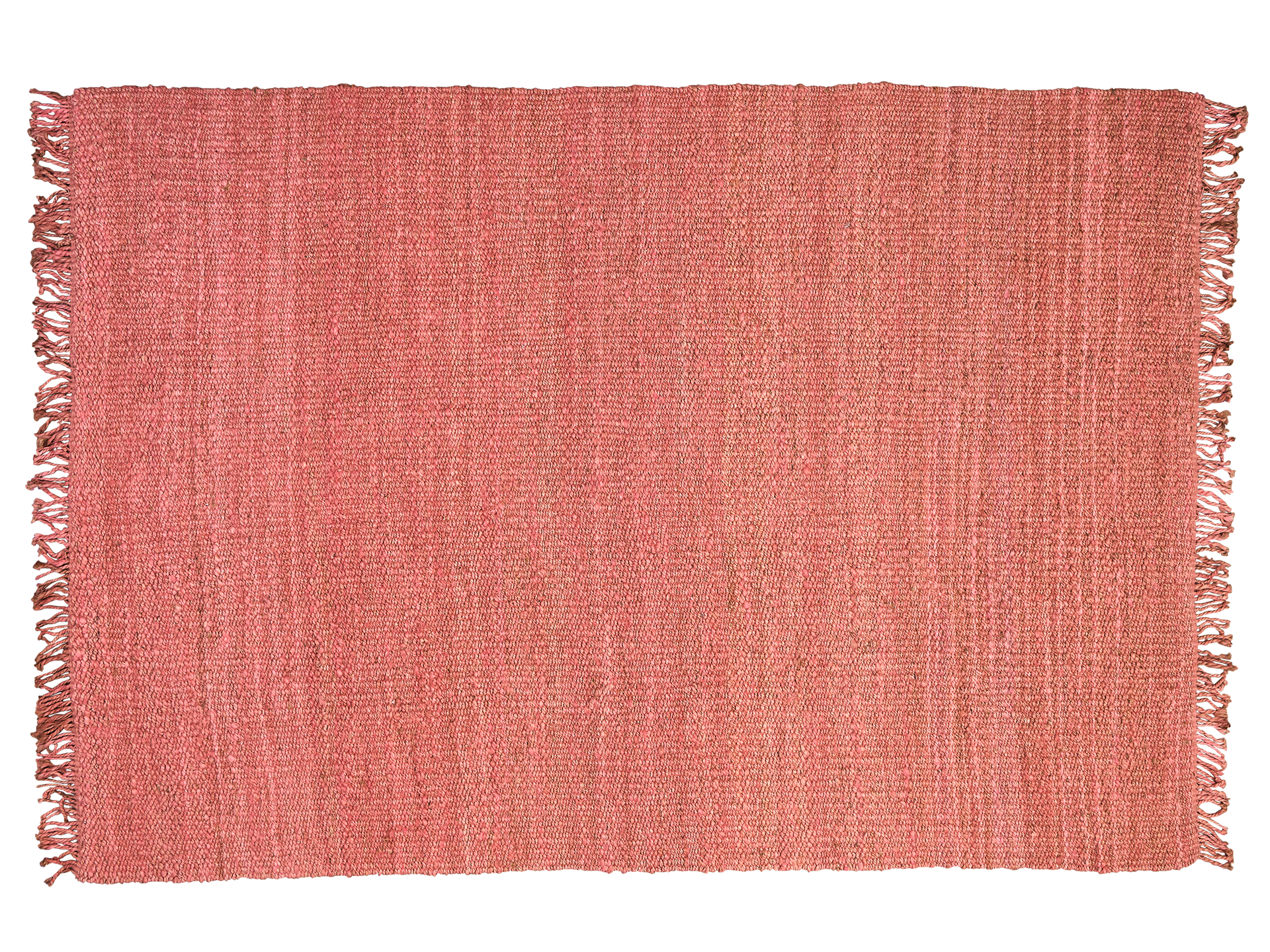 Pink woven rug with a textured pattern and fringed edges.