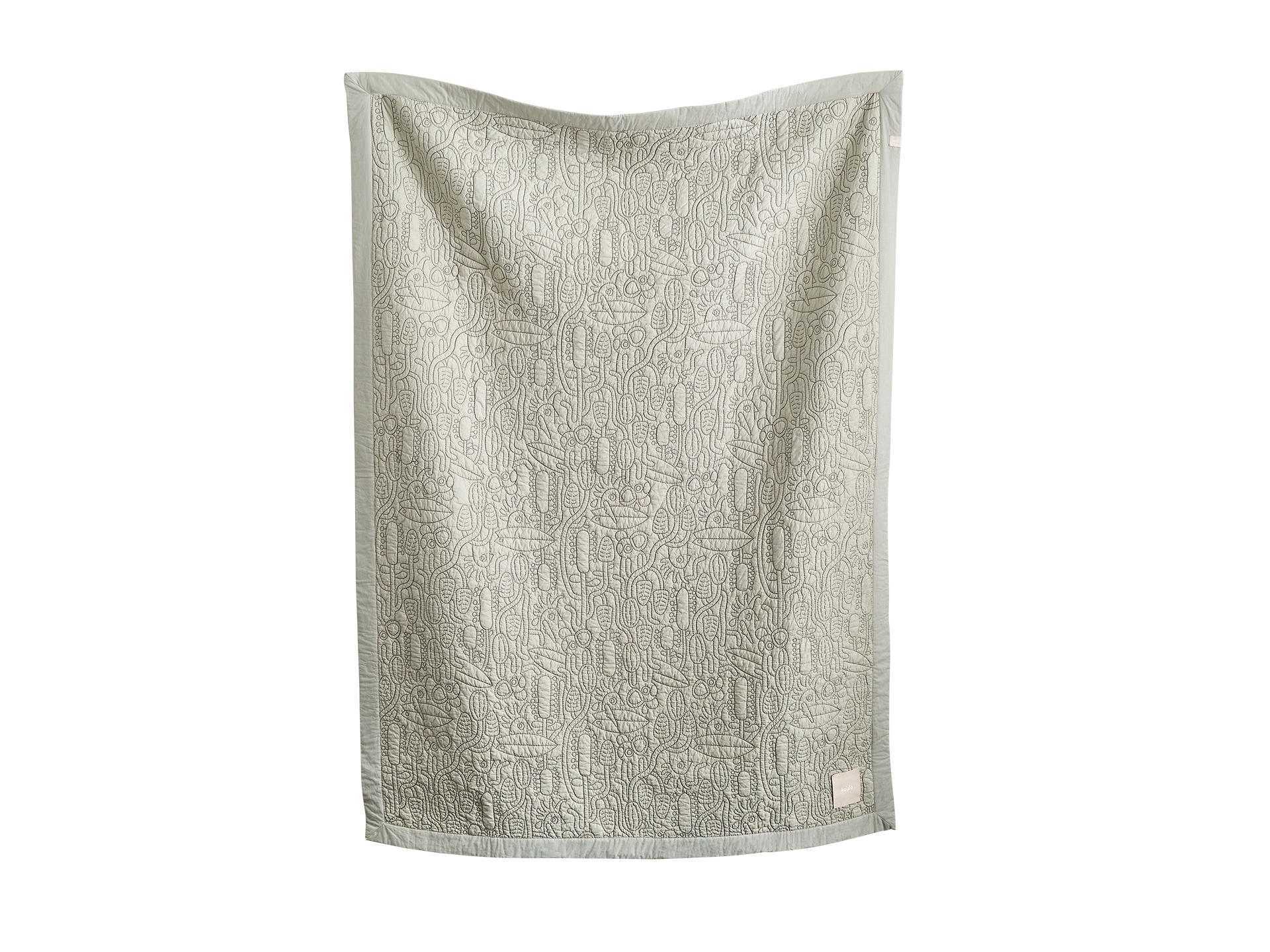 Light grey quilted blanket with abstract geometric patterns, neatly draped, showcasing its textured design and soft fabric.