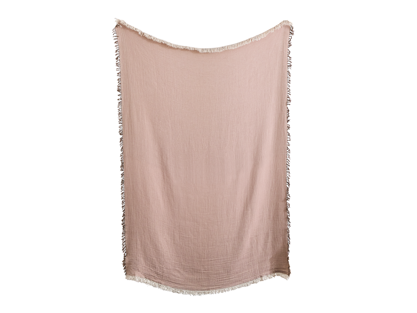 Dusty pink throw blanket with a crinkled texture and white fringe trim, hanging vertically.